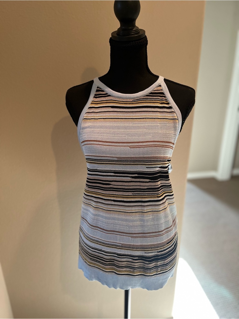 White House Black Market Striped Halter Knit Tank Top - Blue, White, Black & Tan